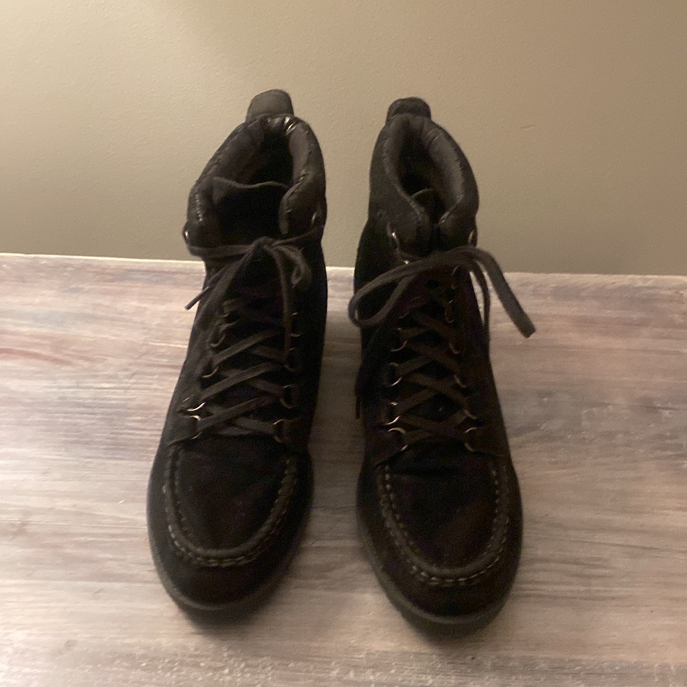 Black vegan suede wedge lace up boots